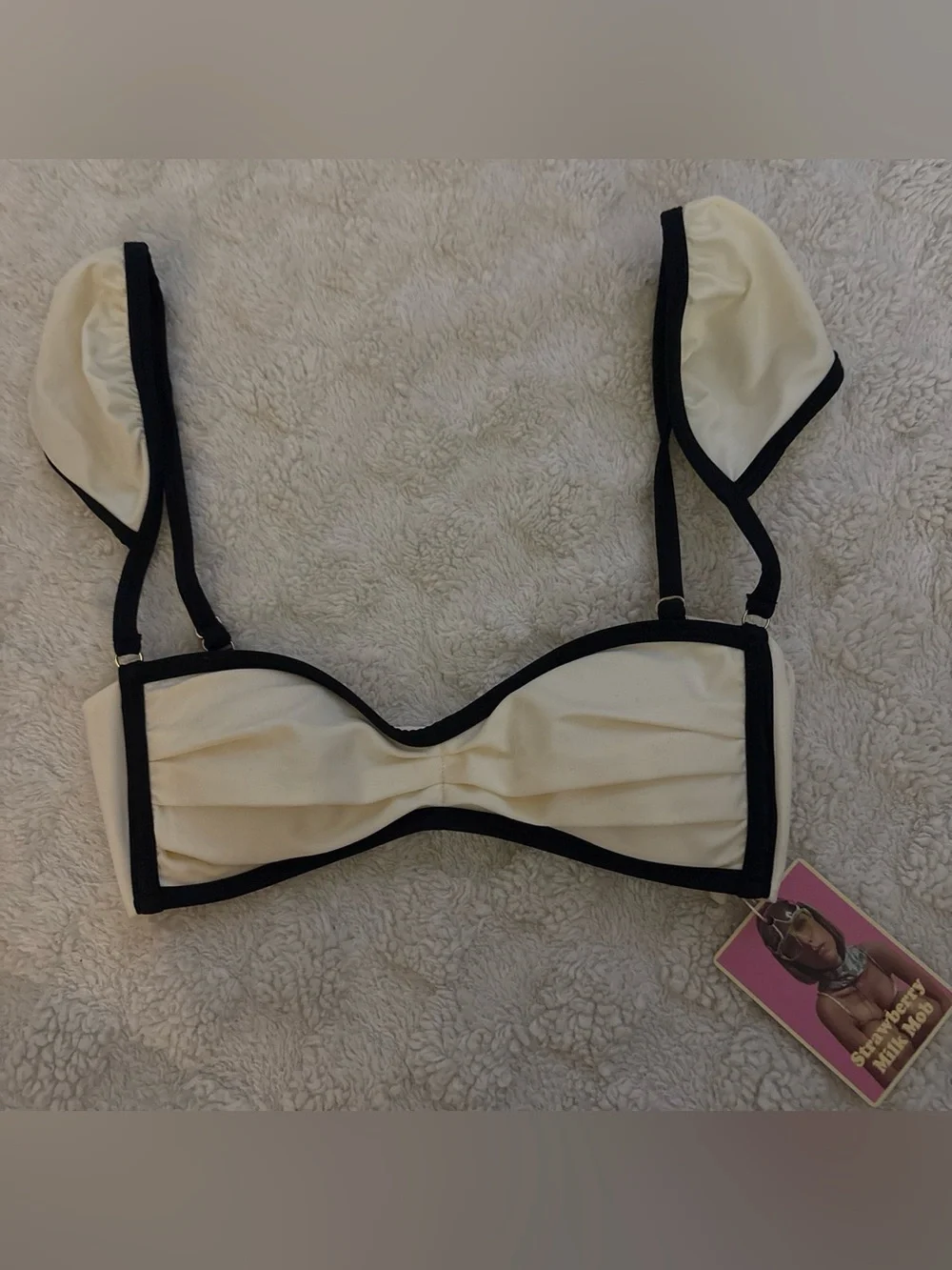 Strawberry Milk Mob Ivory and Black Trim Bikini Top